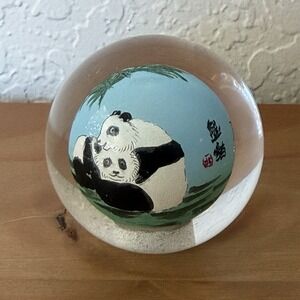 Chinese Glass Ball Sphere Paperweight Reverse Hand Painted Art Pandas NO Base